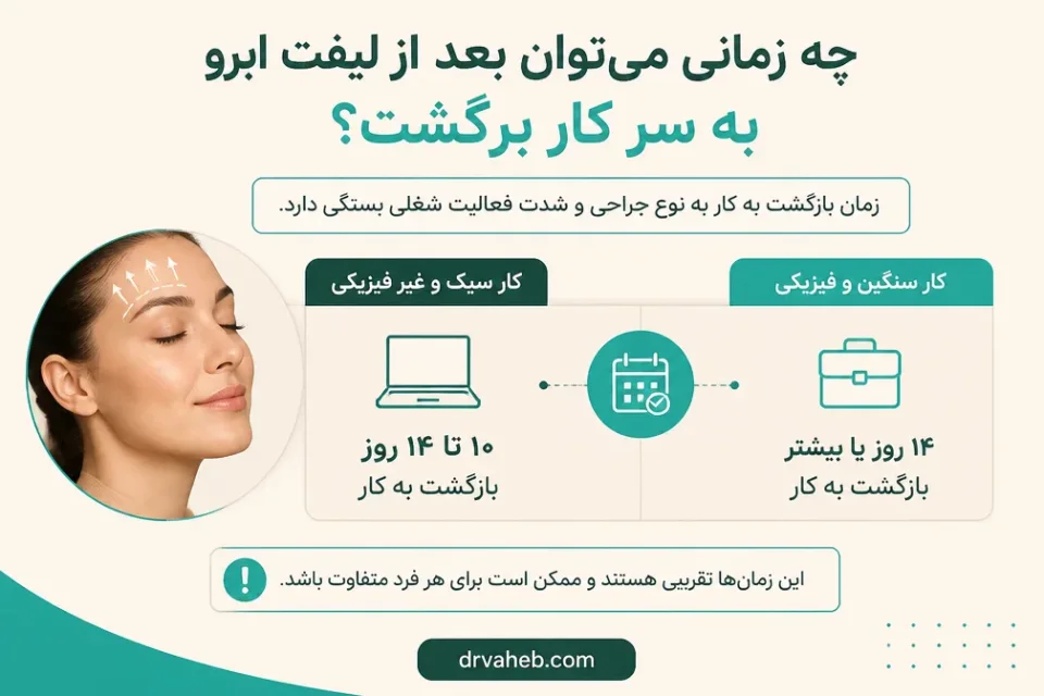 نمای توضیحی درباره چه زمانی میتوان بعد از لیفت ابرو به سر کار برگشت